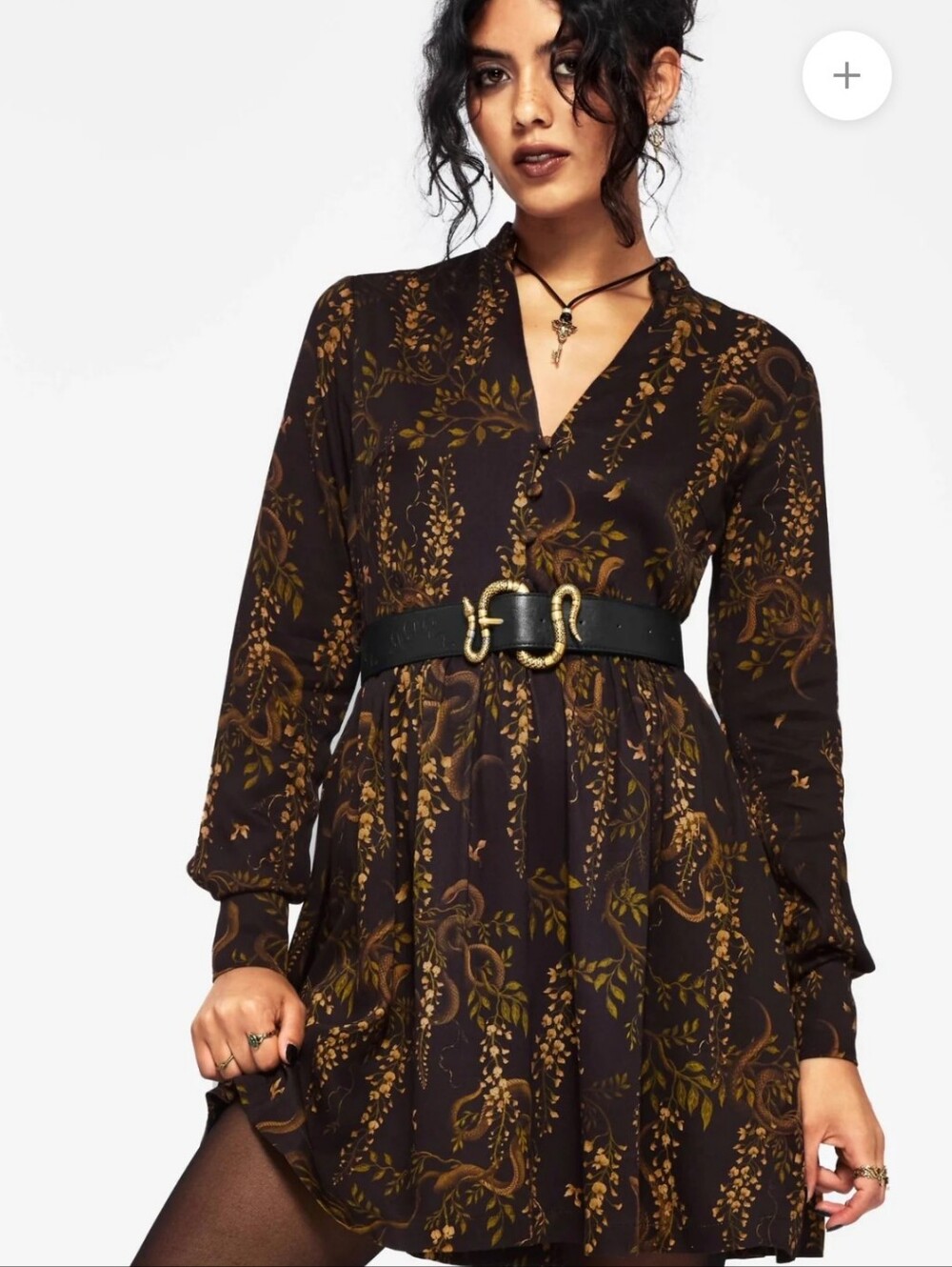 Disturbia Dark Brown and Mustard Wisteria-Print Long Sleeve Mini Dress